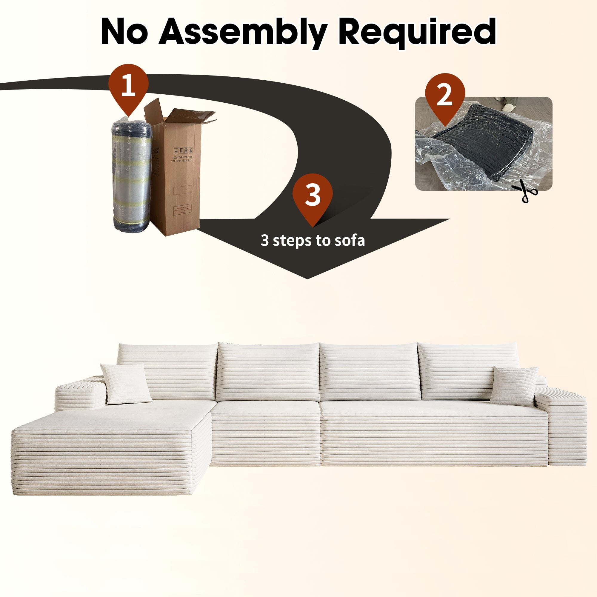 Sailvan 135" Cloud Sectional Couch, Cloudy Sofa with L-Shape Chaise, Upholstered Couches for Living Room & Bedroom, No Assembly Required, Plush Corduroy Fabric, Beige