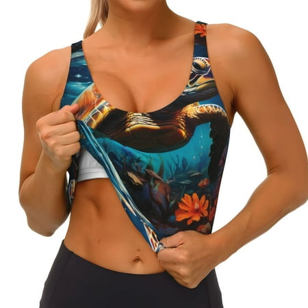 Qokaie Colorful Flower Sea Turtle Pattern Womens Scoop Neck Sports Bra Breathable Workout Vest Padded U Back Medium Impact Fitness Gym Yoga Bra Workout Crop Top