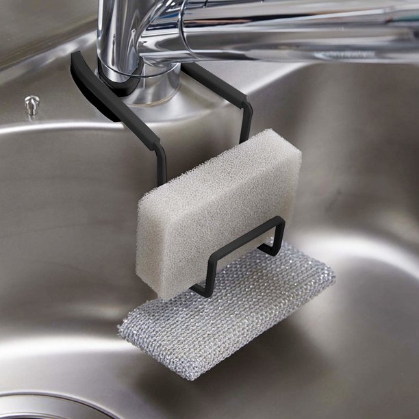 Organizador de esponjas de metal inoxidable | Soporte para grifo de fregadero | Estante de hierro con drenaje para encimera de cocina, cepillo para platos, soporte para esponja, barra de baño