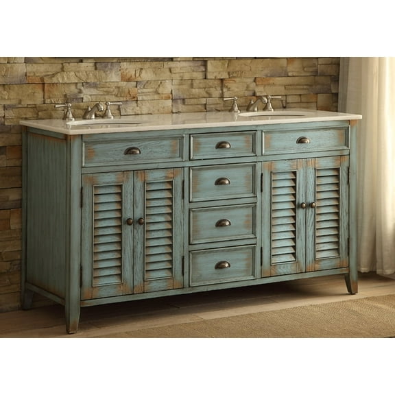 Benton Collection 60" Distressed Blue Farmhouse Bathroom Vanity with White Marble Top