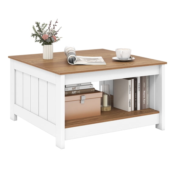 Topbuy Farmhouse Coffee Table 2-Tier Square Cocktail Table with Open Storage Compartment