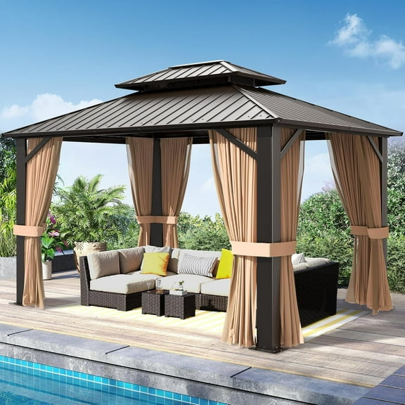 SOLUMIA 10’x12’ Hardtop Gazebo, Brown Galvanized Steel Double Roof, Aluminum Frame Outdoor Pavilion with Netting and Curtains for Patio, Backyard, Deck