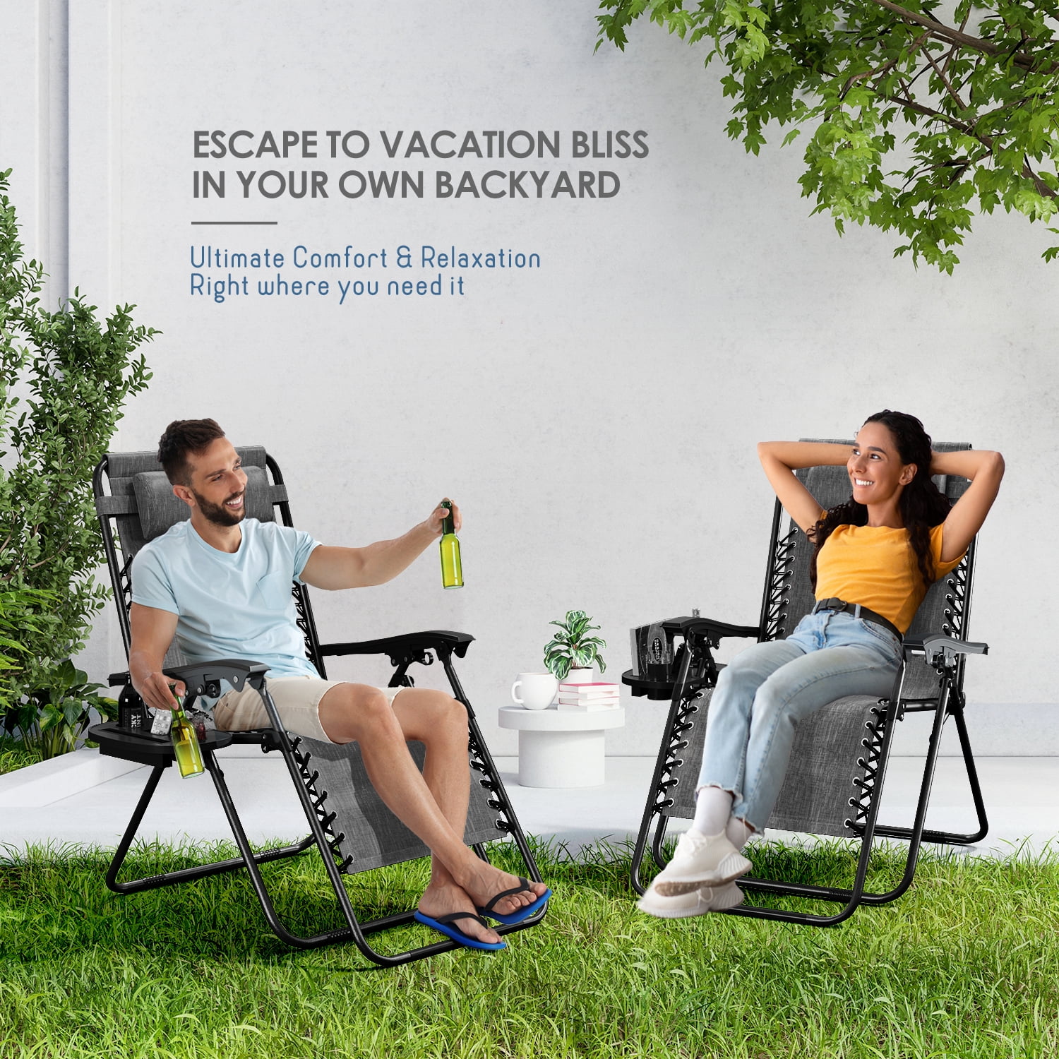 LammaLoe Zero Gravity Chair Set of 2, Outdoor Lounge Chairs with Cup Holder, Gray