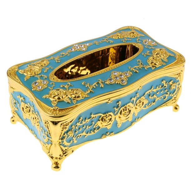 Caja de pañuelos de estilo europeo para sala de estar, con funda de lujo para servilletas Azul dorado