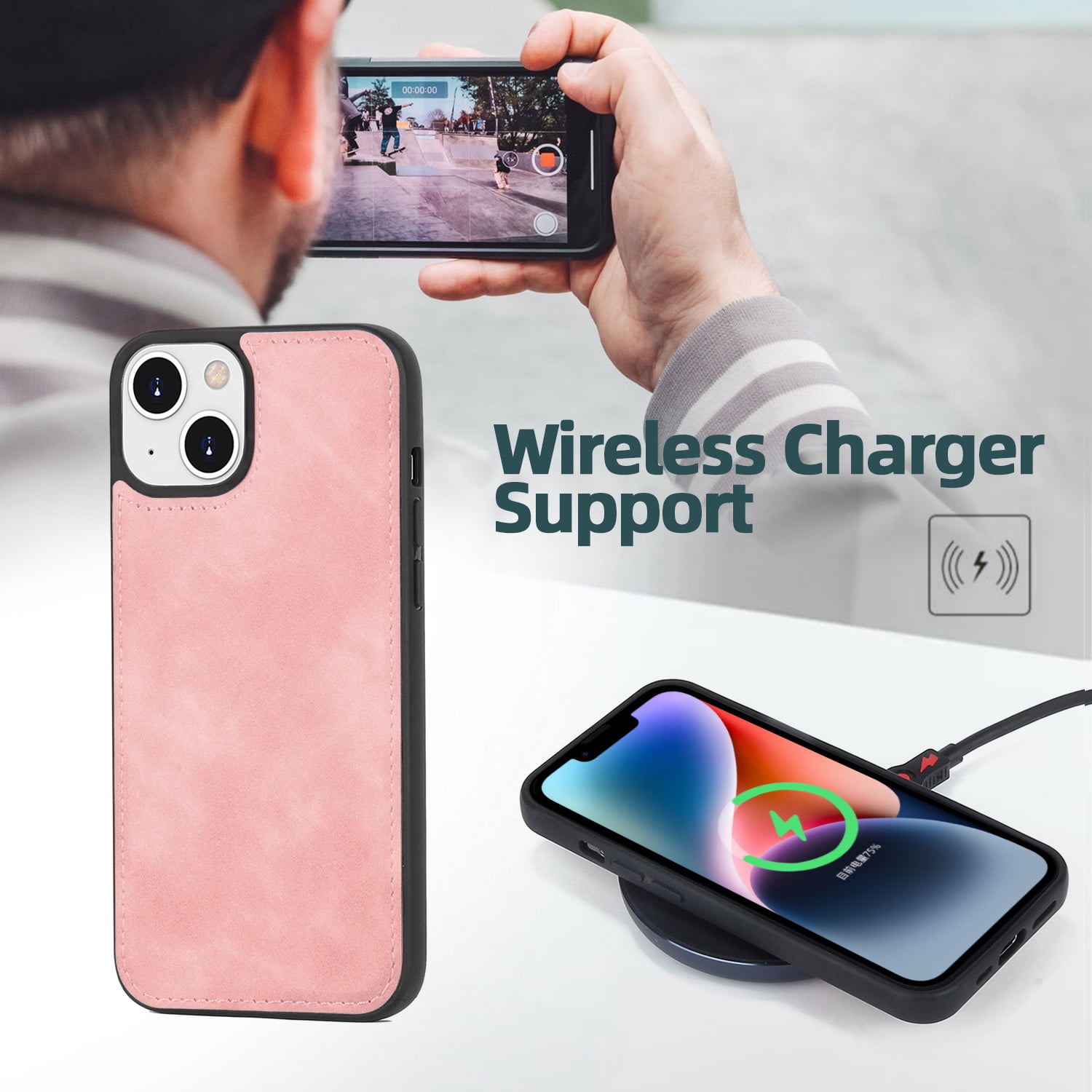 Dteck for iPhone 14 Plus Case, iPhone 14 Plus Case Wallet for Women Men, Durable PU Leather Magnetic Flip Lanyard Strap Wristlet Zipper Card Holder Phone Cases for iPhone 14 Plsu 6.7 Inch,Pink