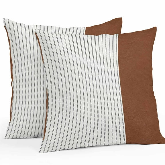 Boanket Outdoor Pillow Covers 26 x 26 Inches, Boho Brown Leather Texture Waterproof Throw Pillow Cover Set of 2, Modern Black Striped Decorative Square Cushion Covers for Patio/Tent/Couch/Garden