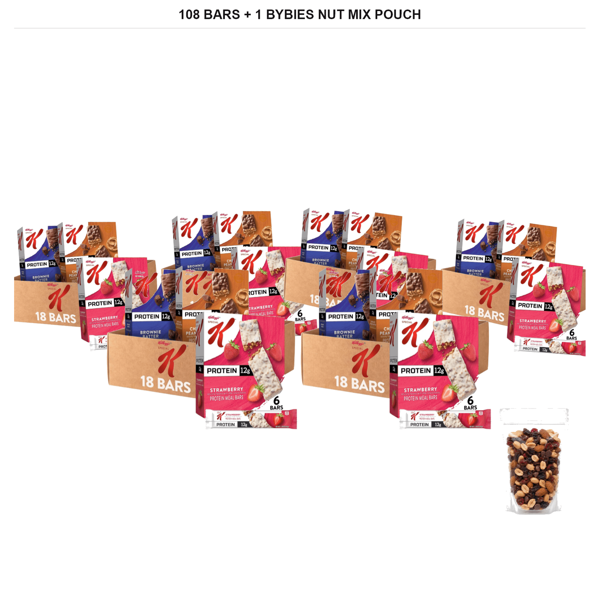 Special K Protein Meal Bar Variety Pack, Strawberry, Chocolate Brownie Batter, and Chocolate Peanut Butter, 108 Bars + 1x Bybies Nut Mix Pouch, 2 oz