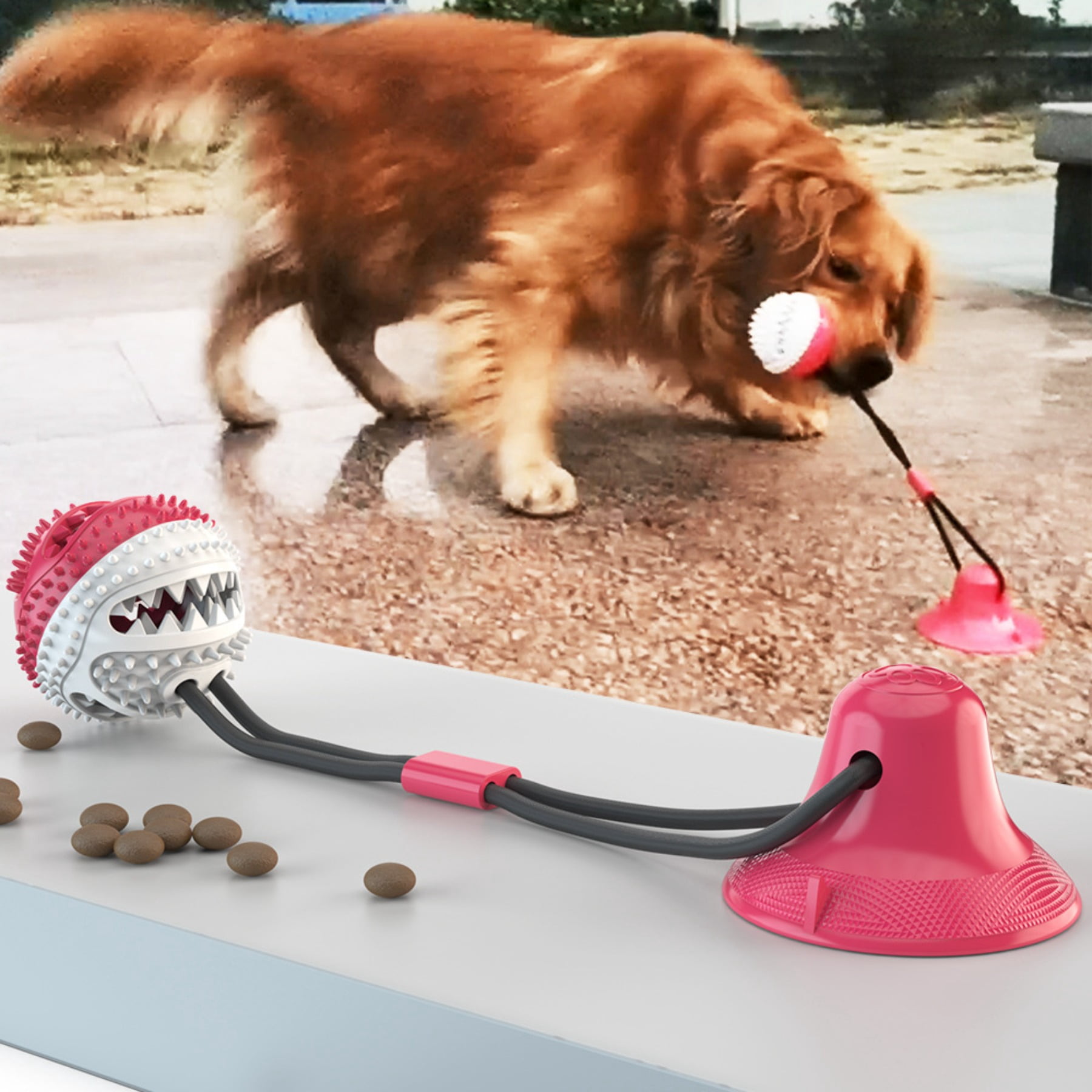 Durable Dog Chew Toy with Sound and Treat Dispenser for Aggressive Chewers Interactive Suction Cup Puppy Teething Ball
