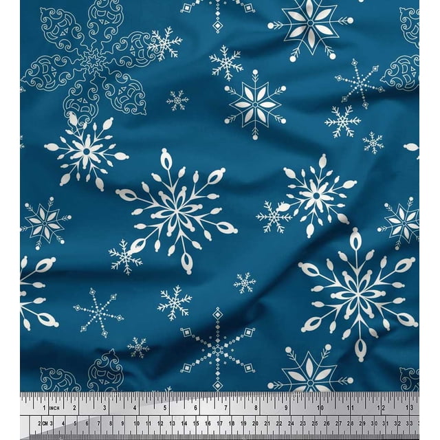 Soimoi Blue polyester Crepe Fabric Snow Flakes Floral Printed Craft Fabric by the Yard 52 Inch Wide
