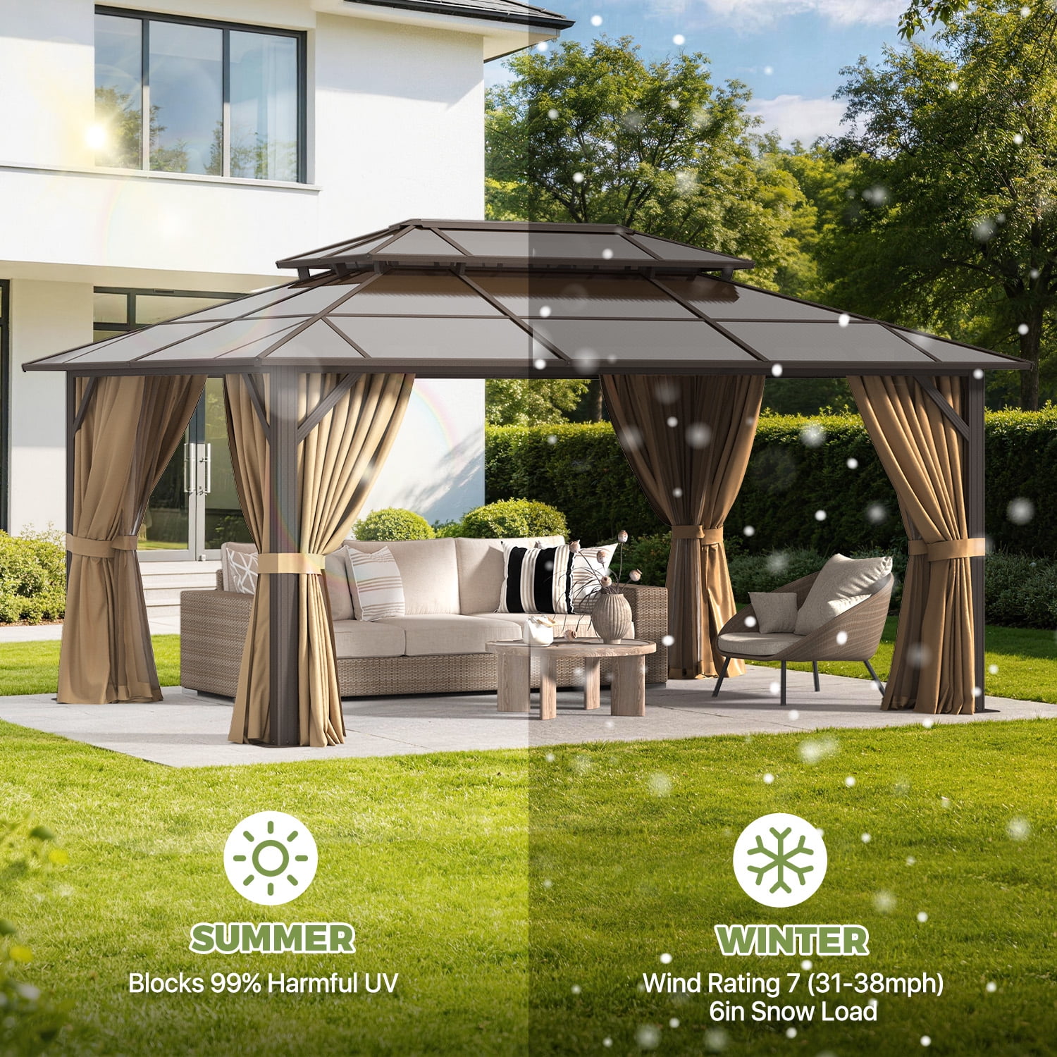 BaPiPro 16x12 FT Outdoor Gazebo, Double Roof Polycarbonate Hardtop, Iron Frame, Bronze Brown, UV Protected, Weather Resistant, for Patio Backyard Deck Lawn