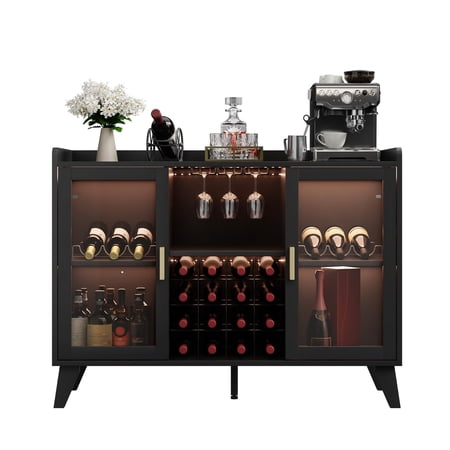 Farmhouse Wine Bar Cabinet With Led Lights Home Coffee Bar Cabinet With Wine Racks and Glass Holders Modern Buffet Sideboard With Acrylic Doors and Drawer for Dining Room Bar Living Room