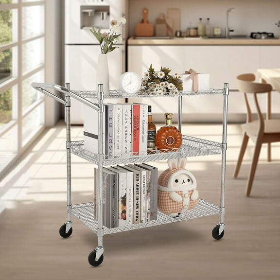 3 Tier Heavy Duty Utility Cart with Low Handle - Alloy Steel Rolling Cart for Storage and Display
