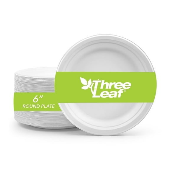 Three Leaf 6" Bagasse Round Disposable Plates 50 Ct Heavy-Duty Eco-Friendly Biodegradable Compostable White Sugarcane Plates for Parties Catering BBQ and Events
