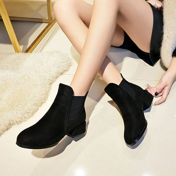 Deals Items ! Aqestyerly Women Boots Winter Shoes Women's Fall Winter Solid Color Flock Boots Chunky Heel Middle Heel Short Boots Pointed Toe Boots