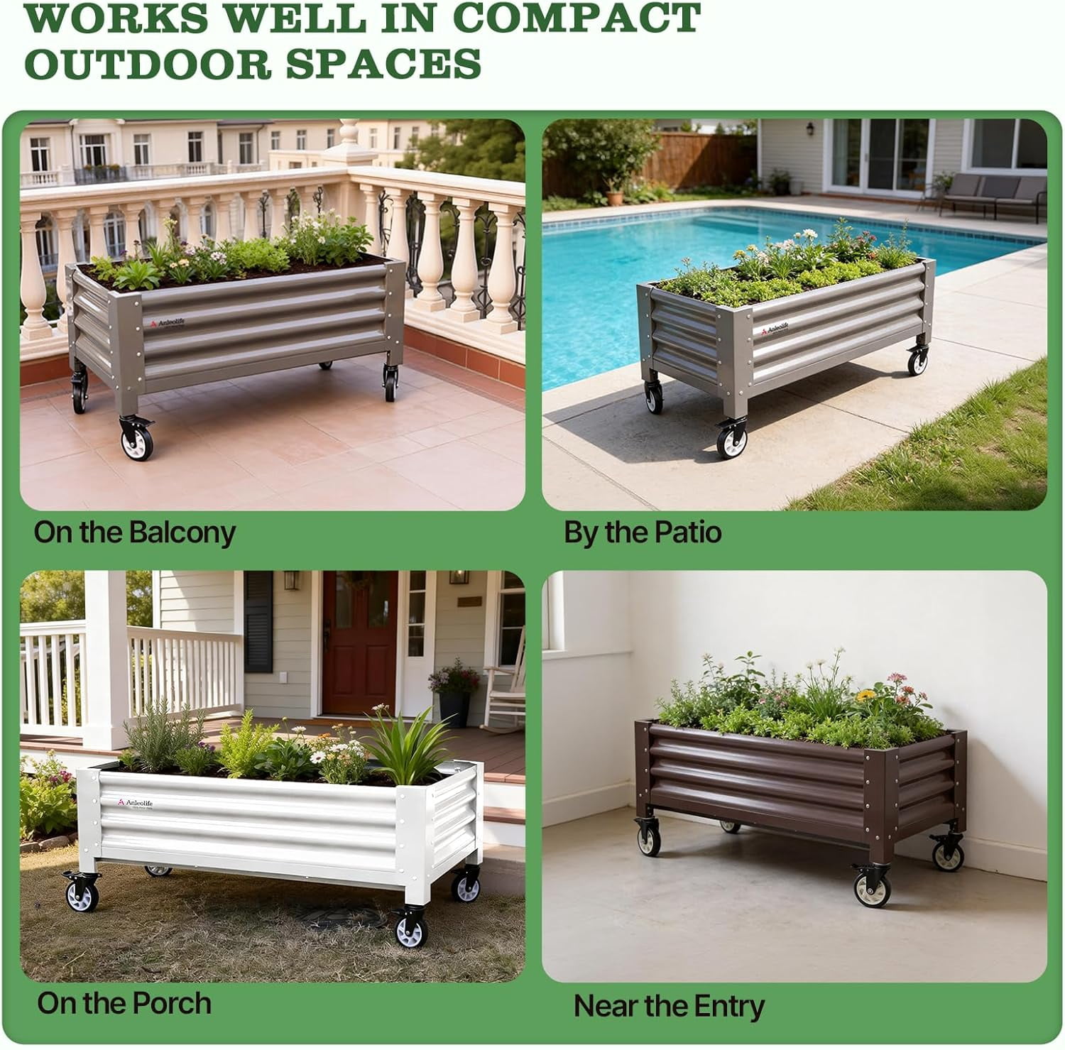 A ANLEOLIFE Low Profile Elevated Garden Bed 4ft x 2ft - 22in Raised Planter Box with Legs with Stainless Steel Casters, Extra Spacious for Balcony, Patio, 600lb Capacity, CaféBronze
