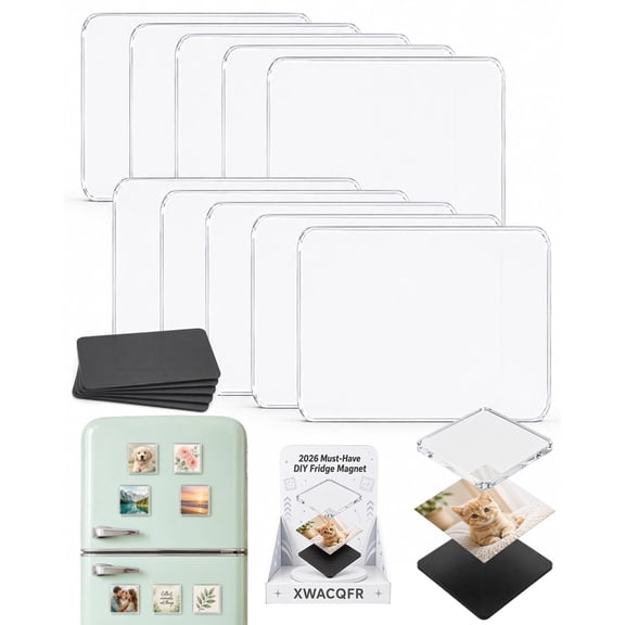 Clear Acrylic DIY Fridge Magnet Set with Adhesive Backing,Magnetic Photo Frames,Refrigerator Magnets,Custom Picture Craft Kit, Square Photo Frame Pack for Kitchen Office Classroom Decor