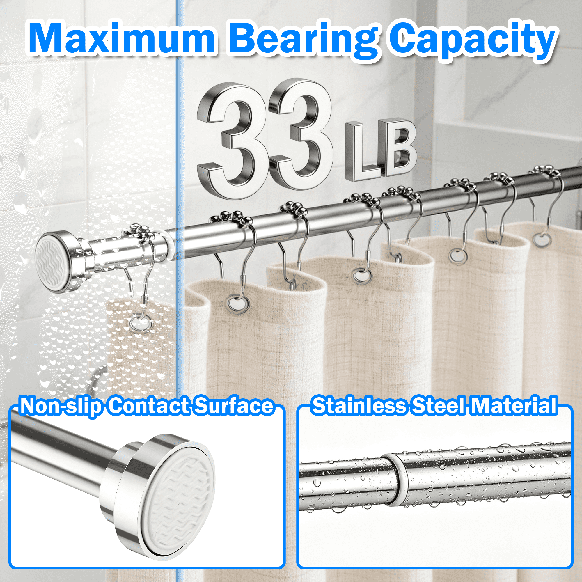 Adjustable Tension Curtain Rod, 25.8-76 Inch No Drill Stainless Steel Spring Tension Rod, Non Slip Shower Curtain Rod for Window Closet Bathroom