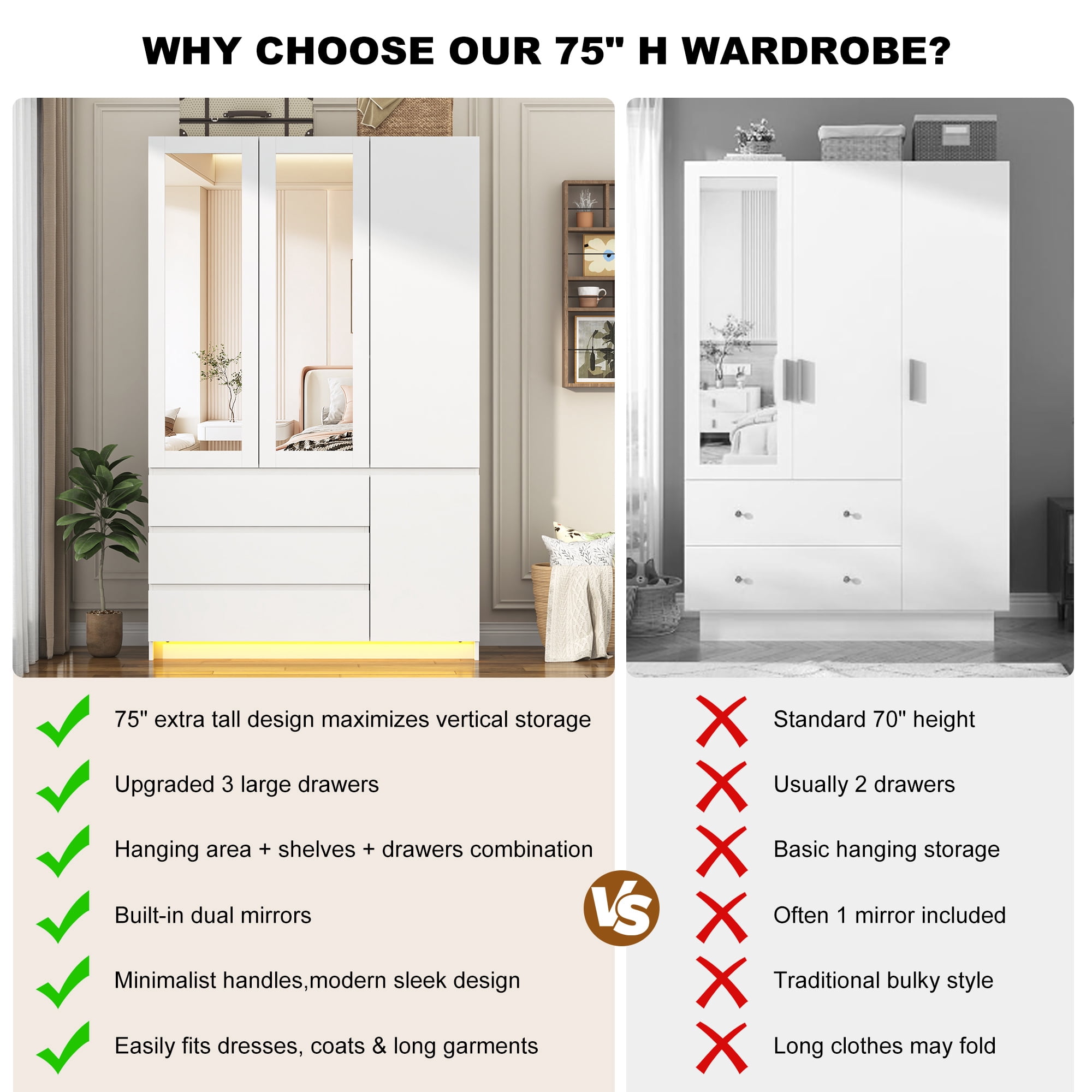 75" Tall 3 Doors Armoire Wardrobe Closet with  3 Drawers and Mirror, Large Wardrobe Closet for Bedroom with LED Lights, Wooden Armoire Storage Cabinet with Hanging Rod, Adjustable shelves (White)
