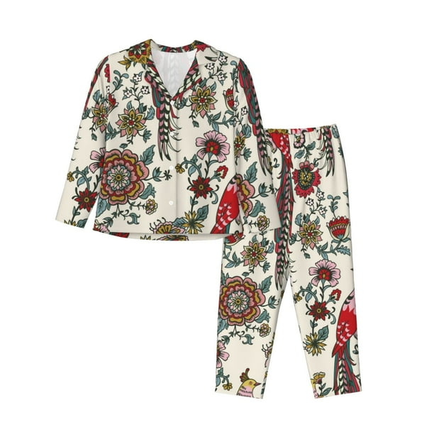 Balery Dark Enchanted Flowers And Birds Conjunto de Pijama con Estampado para Mujer, Conjunto de Dos Piezas con Manga Larga, Ropa de Dormir Suave con Bolsillos, Pijamas Cómodos-Medium