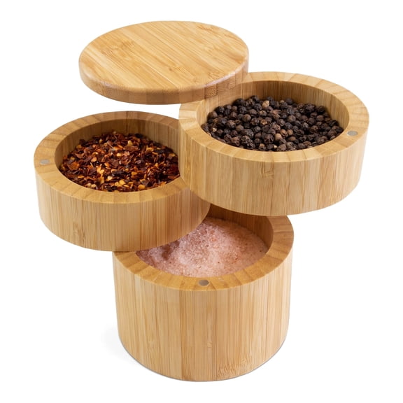 Bamboo Salt Cellar 3-Tier – Magnetic Swivel Lid Seasoning Container for Herbs and Spices, Countertop Salt and Pepper Box (1⅓ Cup)