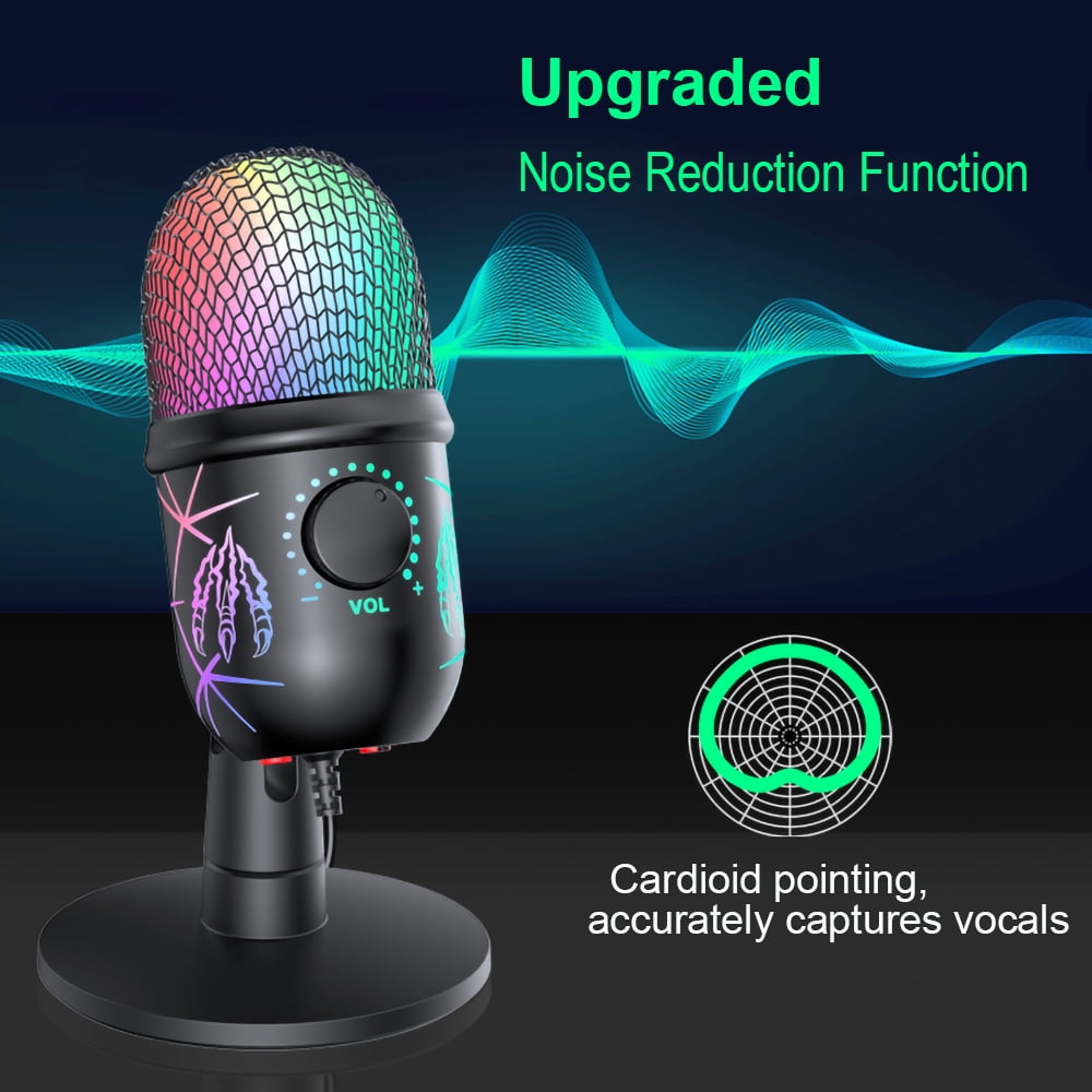 Gaming USB Microphone for PC, Gaming Microphone with RGB Lighting Headphone Output Volume Control Mute Button Noise Cancellation for Studio Recording, Karaoke,  Streaming Podcast