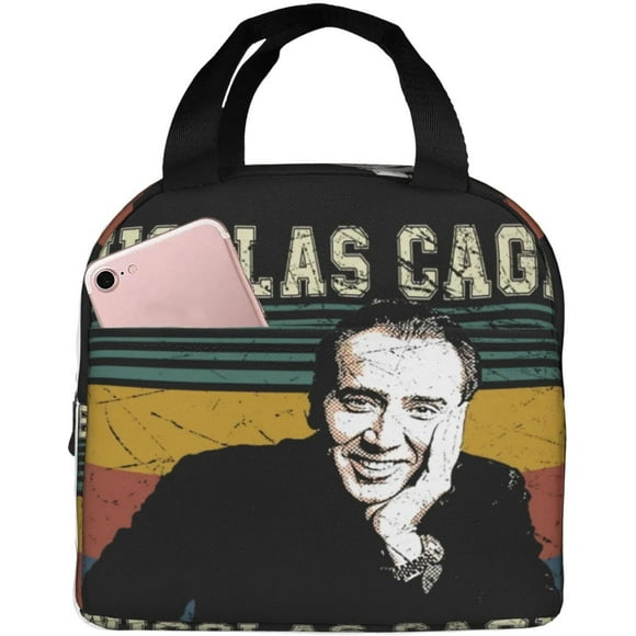 Nicolas Actors Cage Lunch Bag Insulated Lunch Box Reusable Bento Cooler Tote with Front Pocket For Office Outdoor 8.5 L x 5 W x 8 H inches, Black