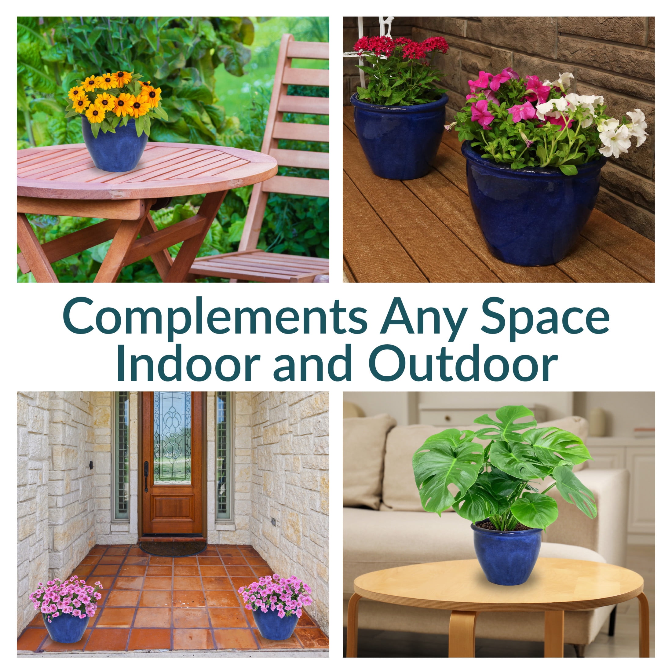 Sunnydaze Chalet 11.75" x 11.75" x 9.5" Round Imperial Blue Ceramic Outdoor Planter 2-Count