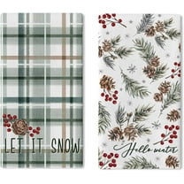 Hello Winter Green Kitchen Dish Towels Set of 2, Let It Snow Pine Cone Pine Needle Red Berry Drying Towels Baking Cooking Cloth, Christmas Farmhouse Plaid Check Home Kitchen Decoration 18 x 26
