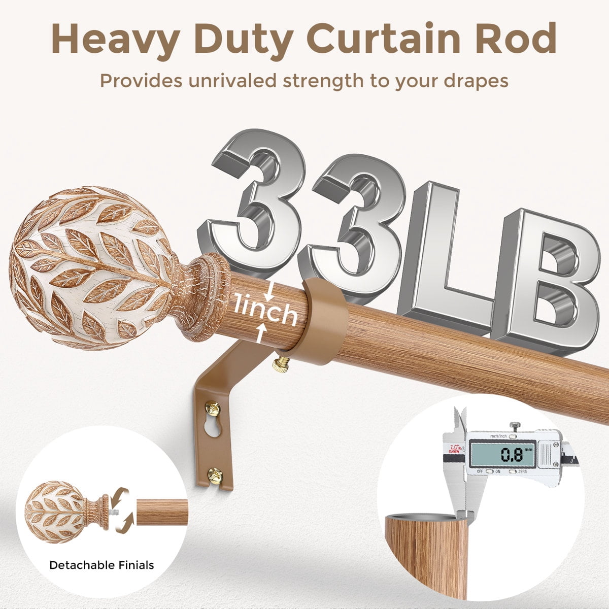 OLV Boho Curtain Rods 36-120" Heavy Duty with Wood Grain Leaf Finial,Burlywood-white