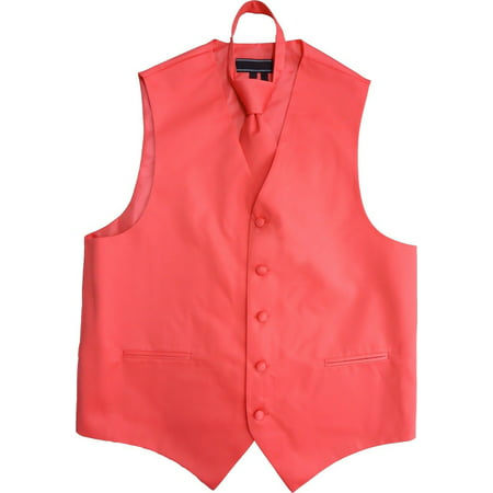 Men's Solid Color Adjustable Dress Vest & Neck Tie Set for Suit or Tuxedo (Coral,