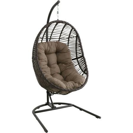 Hanover Isla Brown Wicker Hanging Egg Chair with Taupe Cushion