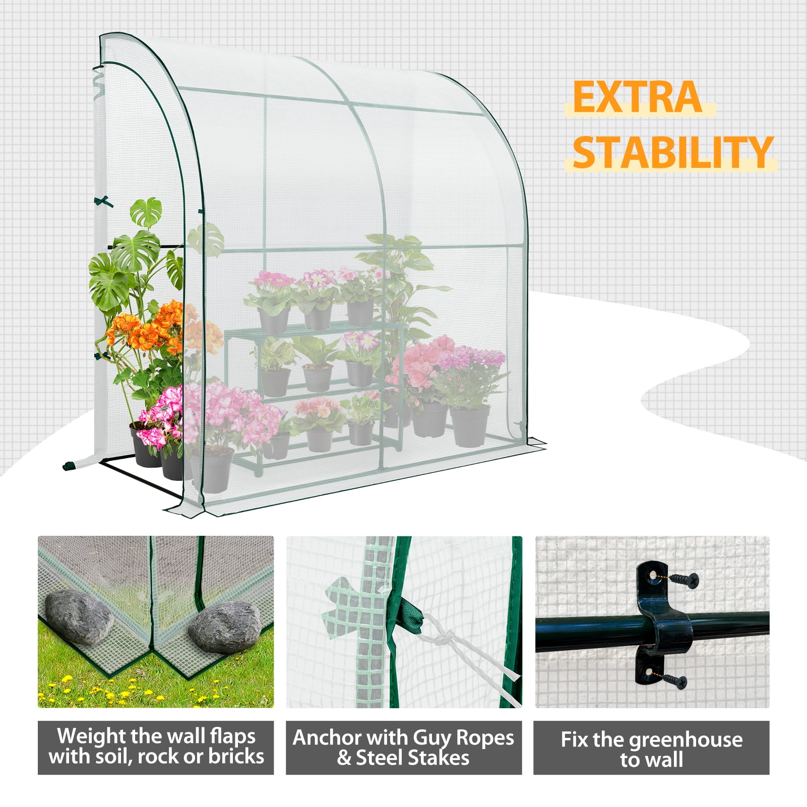 EAGLE PEAK 6.6 x 3.3 x 6.9ft Outdoor Lean to Walk-in Greenhouse with Shelf, Gardening Wall Green House with Roll-up Zipper Entry Doors, White