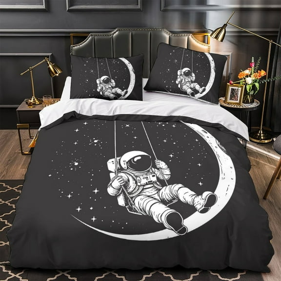 YJHDM Space Theme Bedding Set 3D Astronaut Moon Duvet Cover Pillowcase 2/3pcs for Boy Teens Men Room