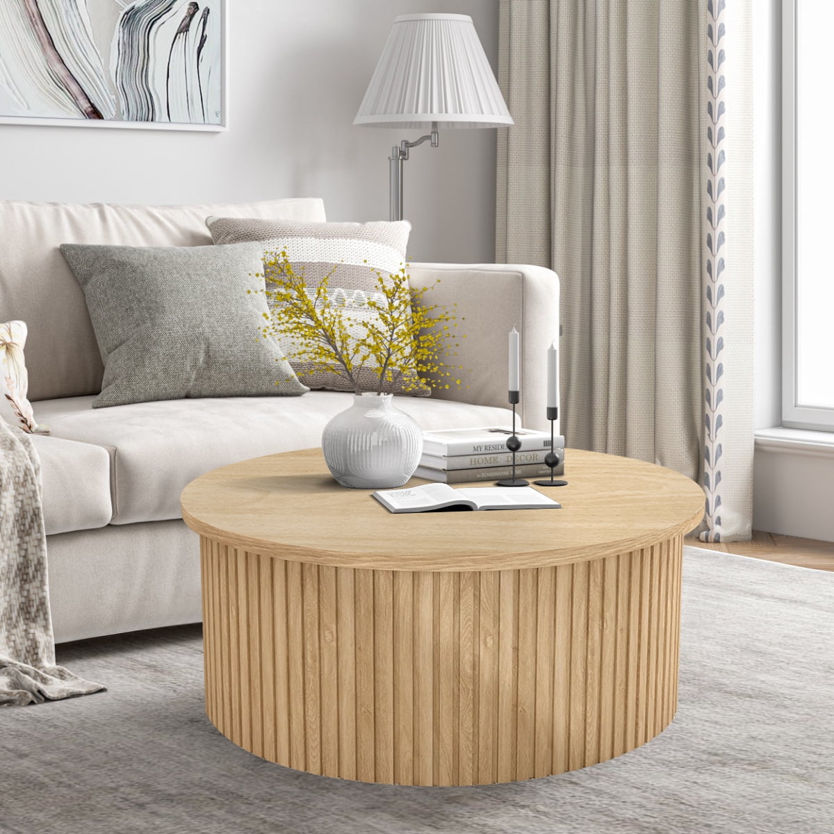 Round Coffee Table for Living Room, Farmhouse Lift Top Coffee Table, Fluted Center Table with Storage (Wood)