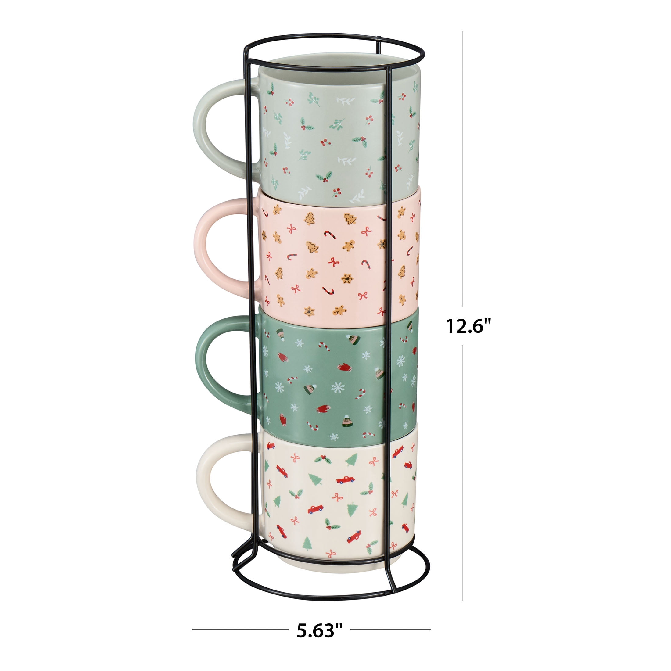 Holiday Time 11-oz Holiday Ditsy Print Glazed Stoneware Ceramic Stacking Mug Set with Metal Rack