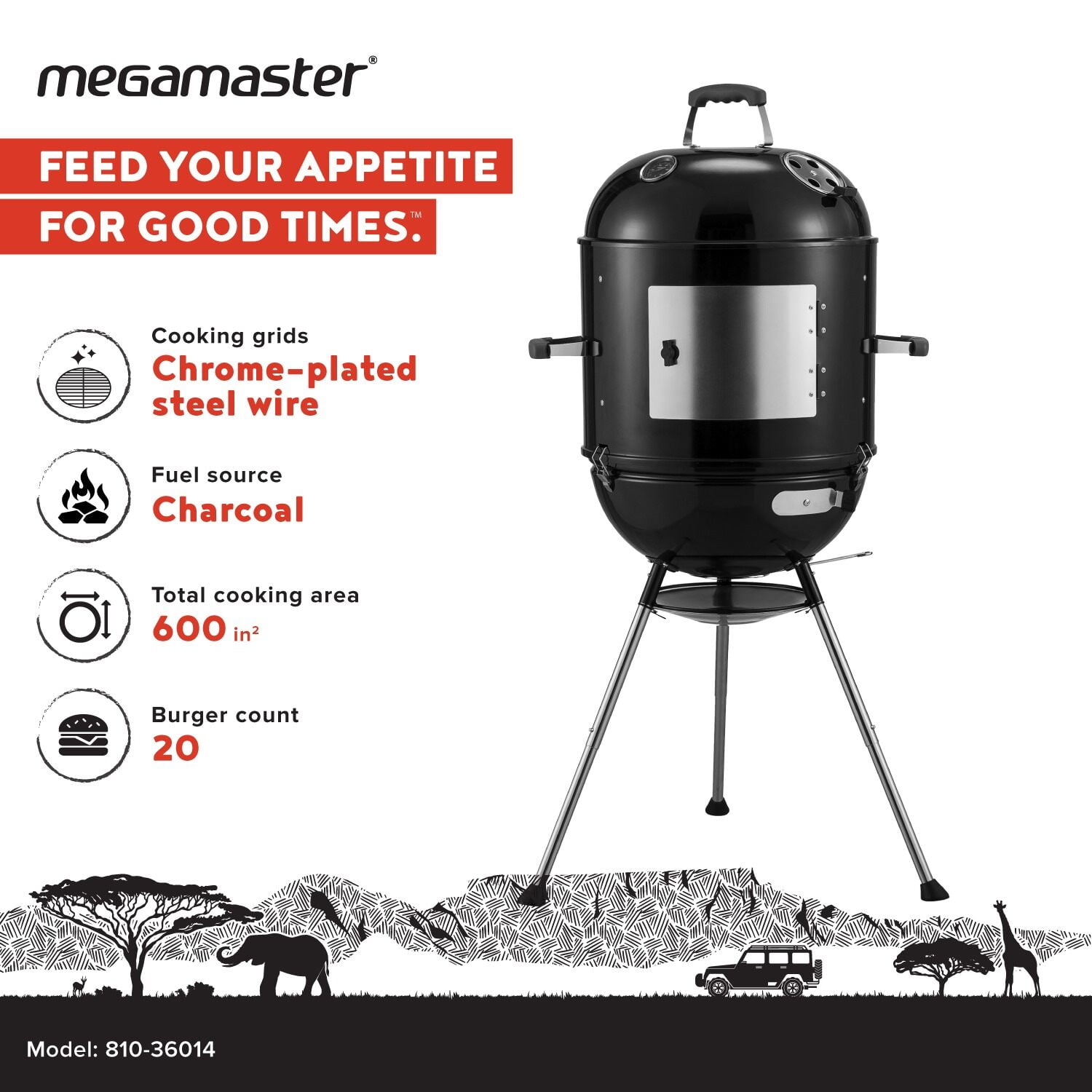 Megamaster Vertical 18 Inch Charcoal BBQ Smoker, 4-in-1 Portable Outdoor Grill with Adjustable Air Vent, 600 SQ. In Cooking Area, Built-in Temperature Gauge, BBQ Grill for Camping, Picnics - 810-3601