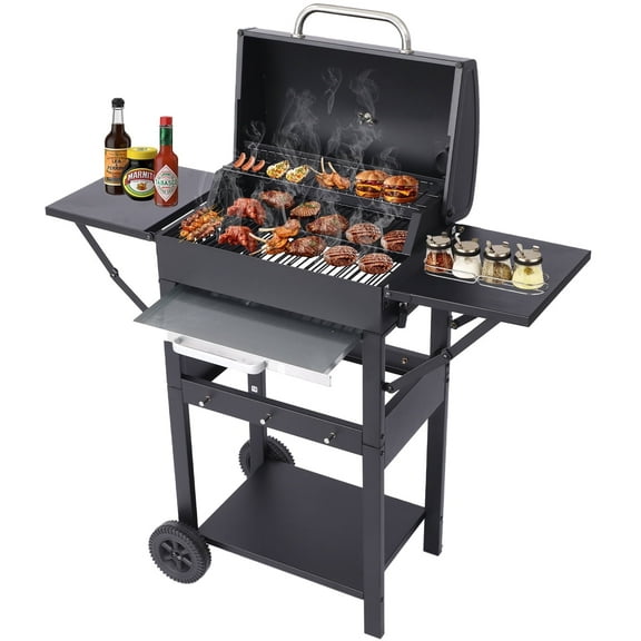 CIG GARDEN Grill with 2 Foldable Side Tables, Portable Charcoal Grill with 330 Sq.In.Cooking Area, Cast Iron Charcoal Grill with Pull-out Charcoal Trays