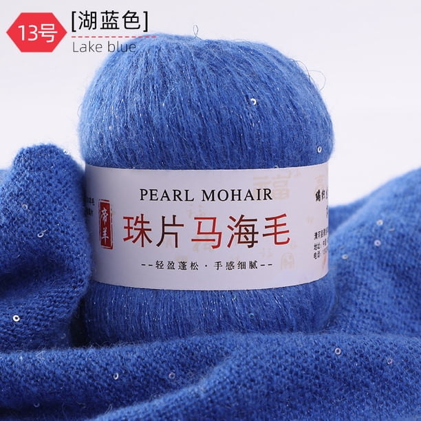 Xiao Hua Hilo de mohair fino de 50 g con lentejuelas para tejer a ganchillo, suave y esponjoso, de encaje, para suéter, chal, cuentas, color azul oscuro.
