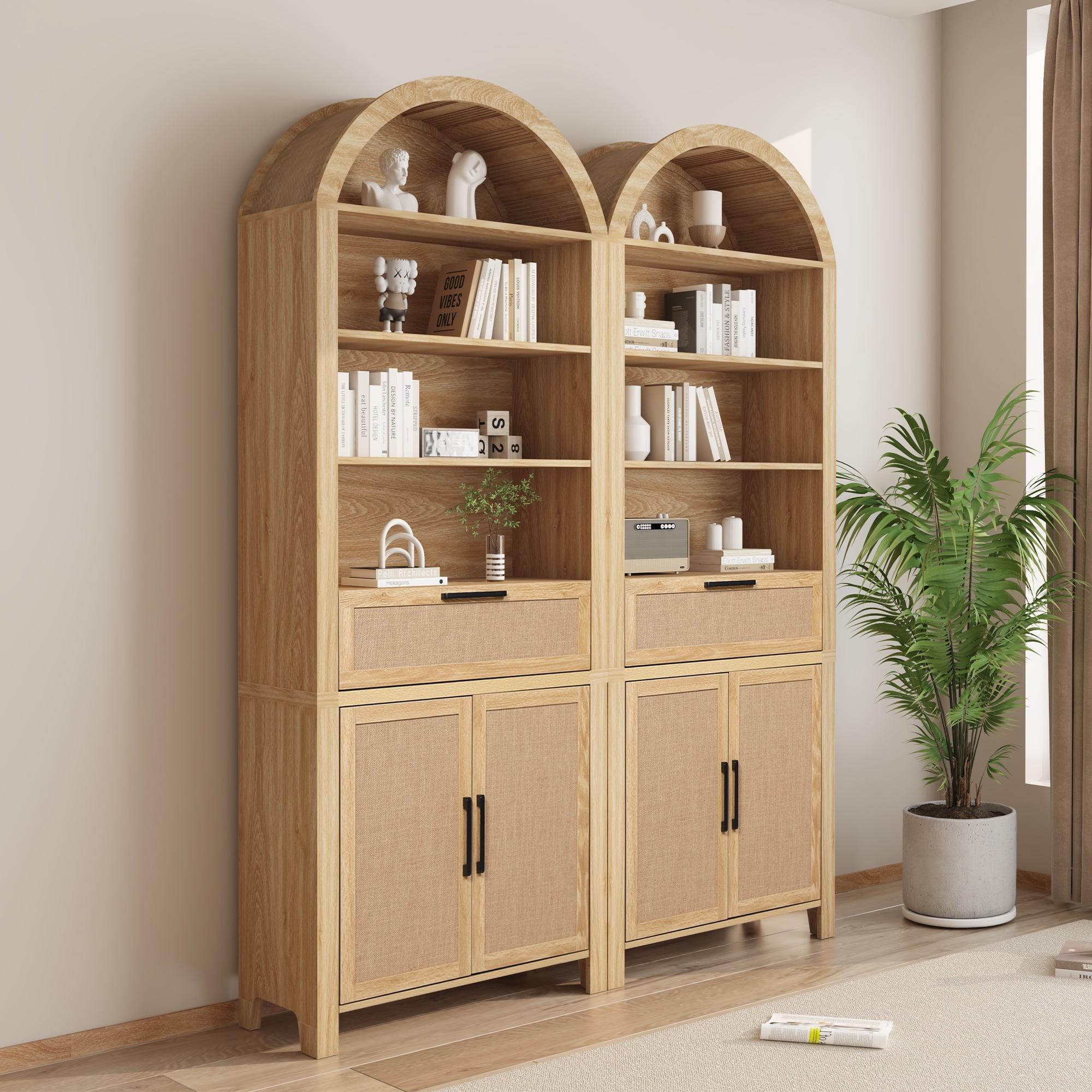 LEFHDA 78" Tall Bookshelf, Arched Bookcase with Drawers, Boho 6-Tier Bookshelf with Storage, Rattan Open Display Storage Shelf Bookshelf for Living Room Bedroom & Classroom(Oak)