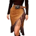 thumbnail image 2 of Women's High Waisted Suede Midi Skirt Asymmetric Fringe Hem Tassel Wrap Bodycon Western Cowgirl Style Skirts with Belt Loop For Country Concert Party Date Night, 2 of 7