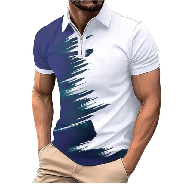 Mens Camisas de Manga Corta Rayas Zip-Up Solapa Deportes Top, Casual Camisa de Manga Corta para Hombres