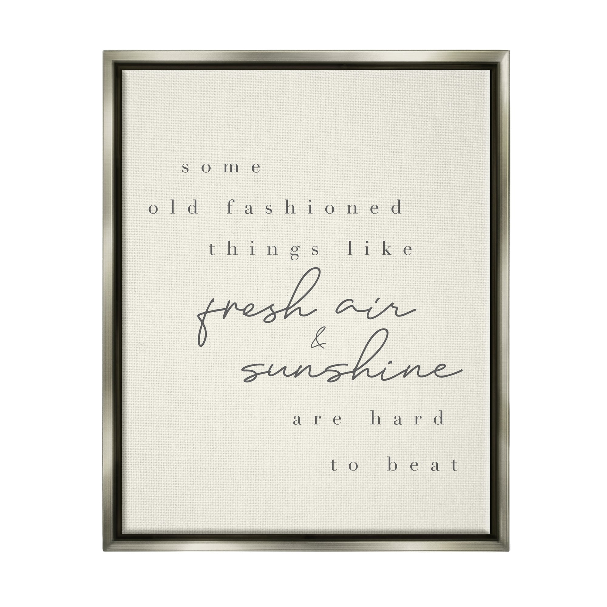 Stupell Industries Fresh Air & Sunshine Comforting Cursive Typography Graphic Art Luster Gray Floating Framed Canvas Print Wall Art, Design by Daphne Polselli