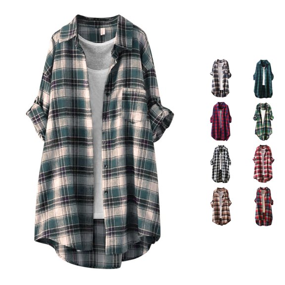 DHFJKG Oversized Shirt Women Long Sleeve Plaid Button Down Shirt Mid Length Tops With One Pocket