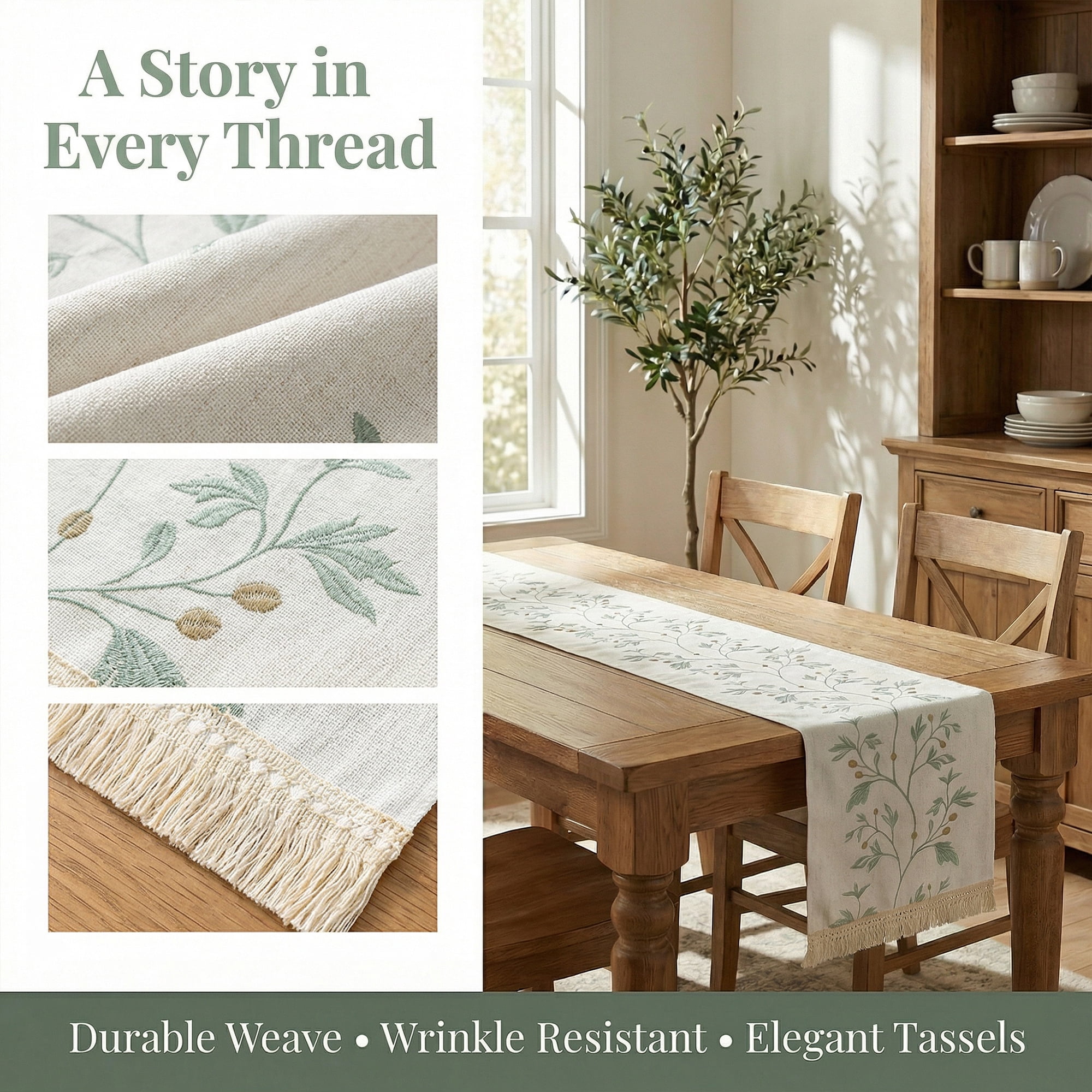 Unique Bargains Long Washable Floral Table Runner for Dining Decor Green 15.4"x94.5"