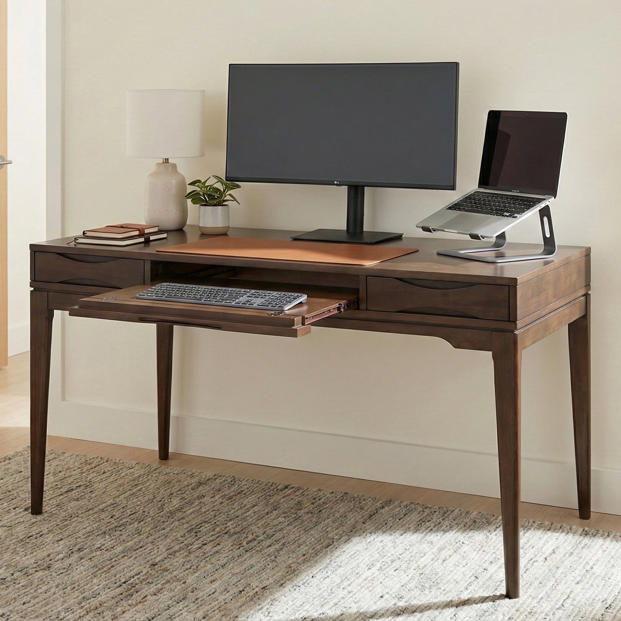 Harper SOLID WOOD Mid Century Modern 60" W Writing Office Desk in Walnut Brown