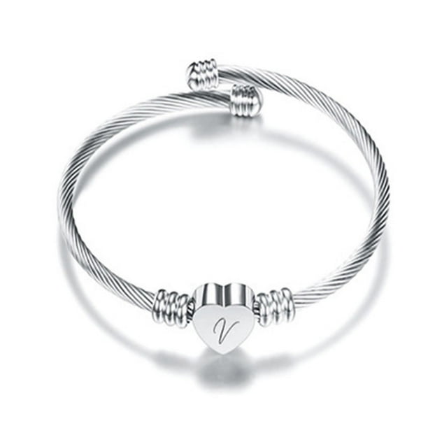 Pulsera de alambre de acero inoxidable con 26 letras para mujer, regalo para mujer, pulsera con forma de corazón, collar