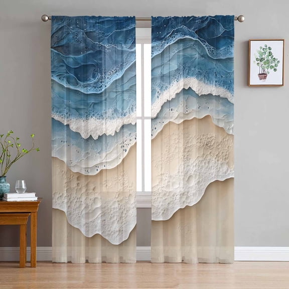 ERUNPONLY Blue Beach Coastal Sheer Curtains 84 Inch Length 2 Panels Set, Nautical Seaside Ocean Beige Voile Window Treatment Curtains Sheers Drapes for Bedroom/Living Room/Kitchen 52"x84"x2