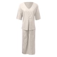 thumbnail image 4 of NMMUED Linen Two Piece Set Women’s Cotton Linen 2 Piece Set Casual Summer Lounge Button Down Top Flowy Wide Leg Pants Lightweight Loose Outfit Linen Beach Set Gray M, 4 of 4