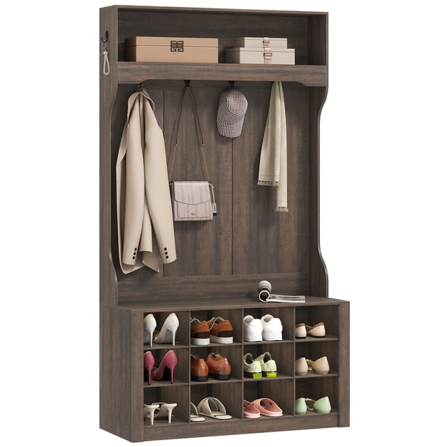 HOMCOM Hall Tree with Bench and Shoe Storage Cubbies for Entryway, Brown