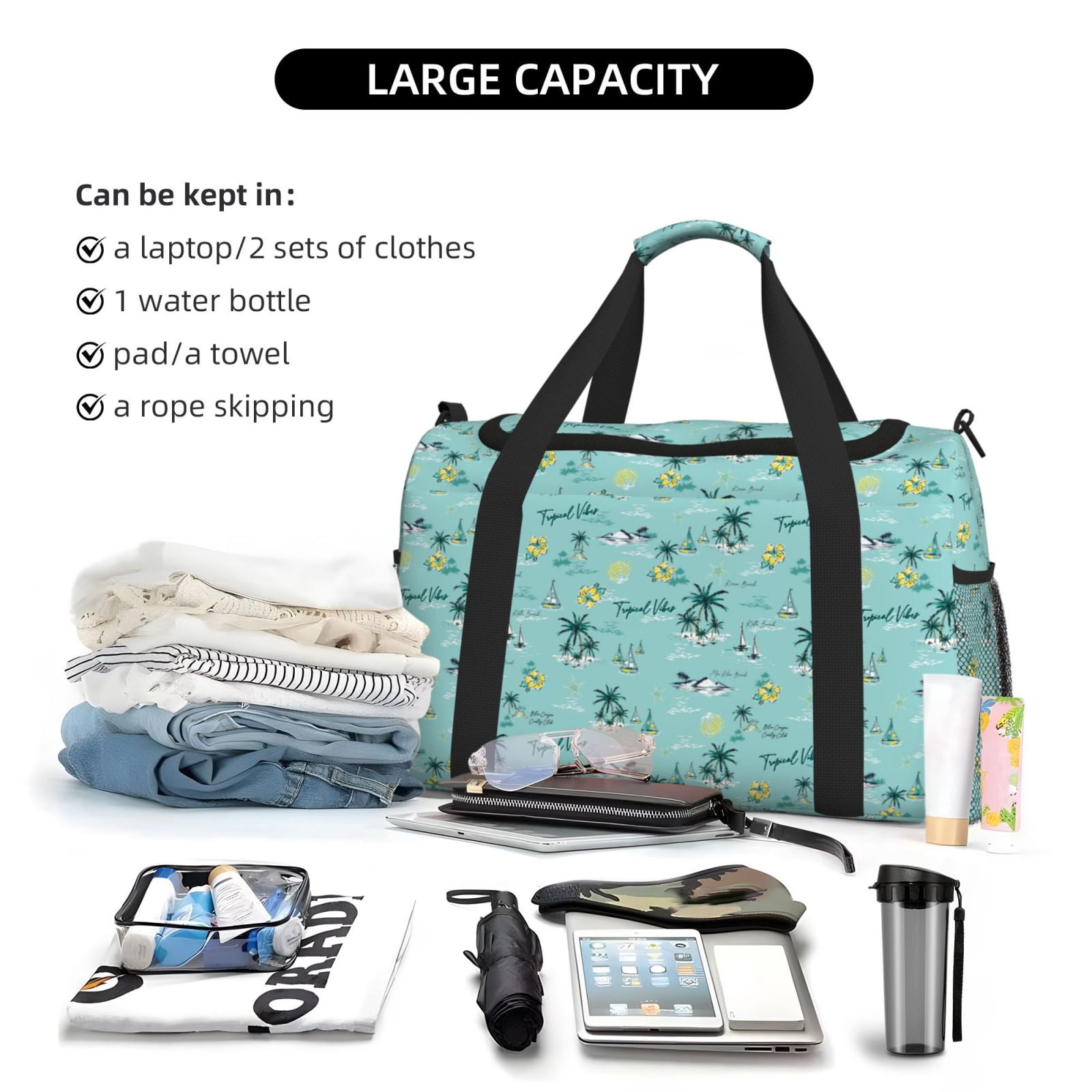Kuqiui Hawaiian Style Print Foldable Travel Duffel Bag Tote Carry on Luggage Bag Personal item Sports Gym Bag Water Resistant Weekender Overnight Bags for Women and Men